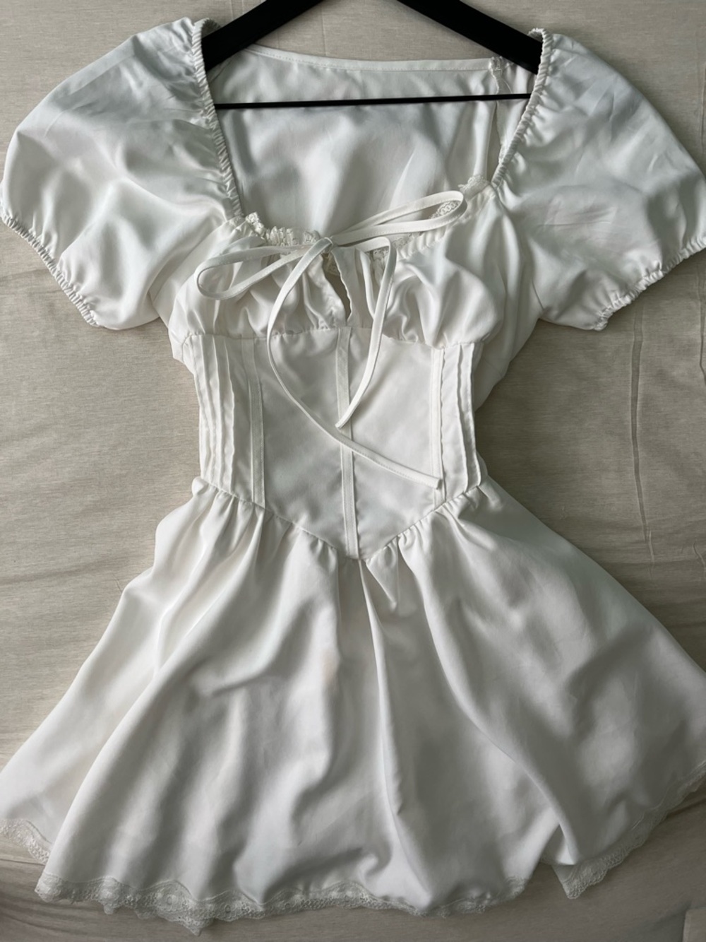 White Corset-Style Mini Dress with Puff Sleeves